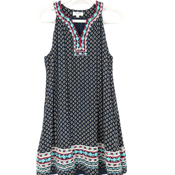 THML Womens Black Boho Cottage Batik Embroidered V Neck A Line Mini Dress Large - Picture 2 of 9